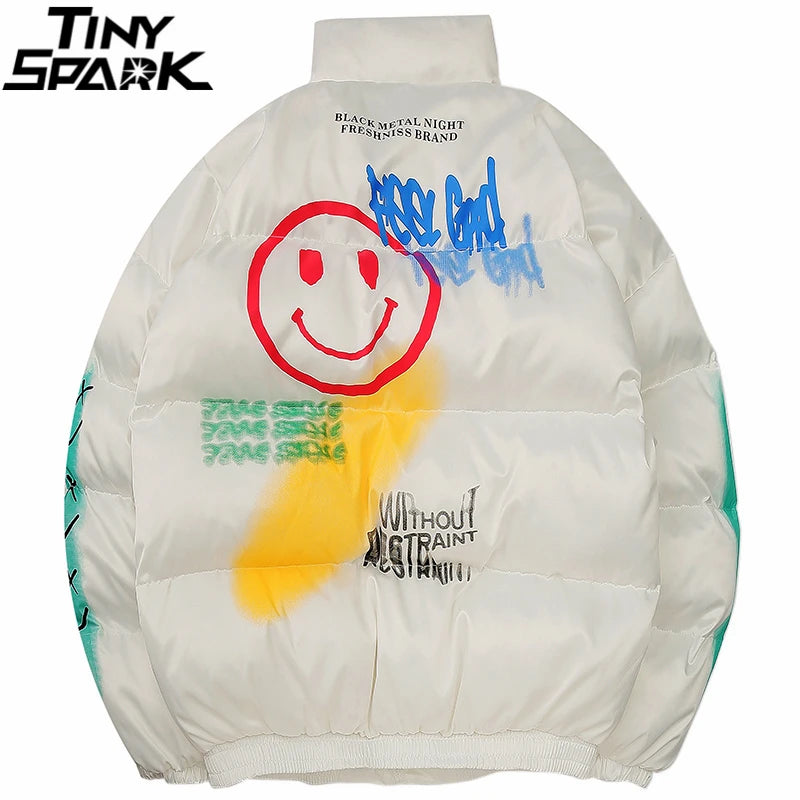 2025 Hip Hop Jacket Parka Happy Graffiti Print Men Windbreaker Streetwear Harajuku Winter Padded Jacket Coat Warm Outwear Thick