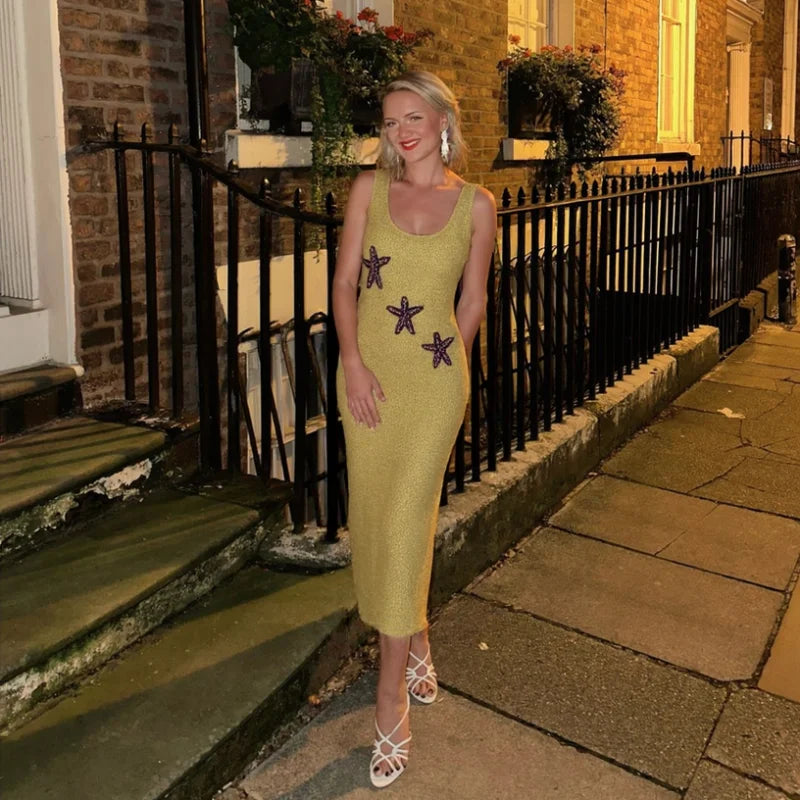 Star Pattern Knitted Sequins Long Dress Women Sleeveless O-neck Solid 2025 Summer Fashion Slim Dresses Vacation Party Vestidos