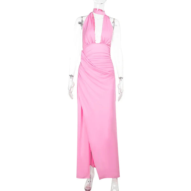 Torova Halter Bandage Slit Long Dress For Women U Neck Sexy Backless Maxi Dress Slim Beach Party Ruched Dress Female Elegant