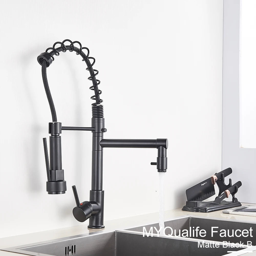 Black Pull Down Kitchen Sink Faucet Hot Cold Water Mixer Crane Tap with Dual Spout 360 Rotation High Faucet Deck Mounted