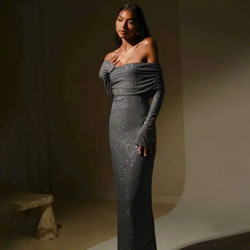 Townlike Elegant Off Shoulder Maxi Long Dress Women 2023 Autumn Winter Dress Sparkle Glittar Nightclub Sexy Party Dresses