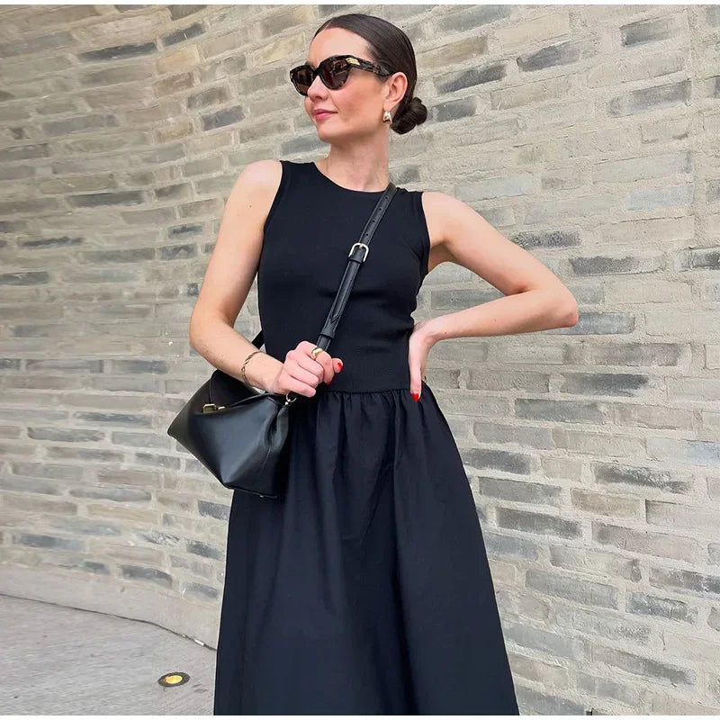 Fashion Patchwork Long Dress For Women Chic O-neck Sleeveless Party Midi Dresses Female Elegant Evening Holiday Lady Vestidos