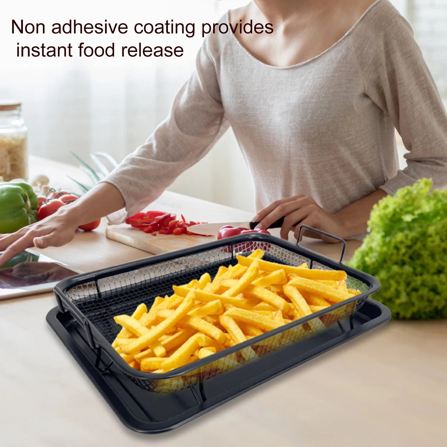 2 in 1 Oven Air Fryer Basket and Tray Oil Frying Baking Pan Non-stick Chips Basket Baking Dish Grill Mesh Kitchen Bakeware Set
