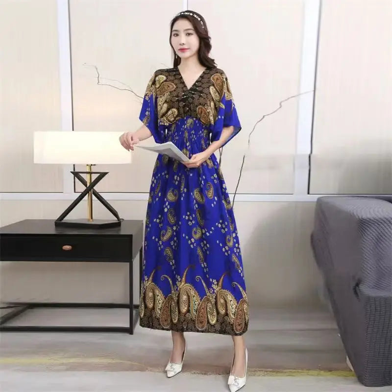 V-neck Large Skirt Hem Casual Sweet Holiday Long Dress Bat Sleeves Elastic Waist Bohemian Print Floral Elegant Dresse For Women