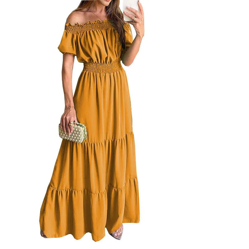 Women's Dress One-line Collar Spring And Summer Short-sleeved New Green Long Dress Fashion Casual Loose Beach Party Dresses Robe