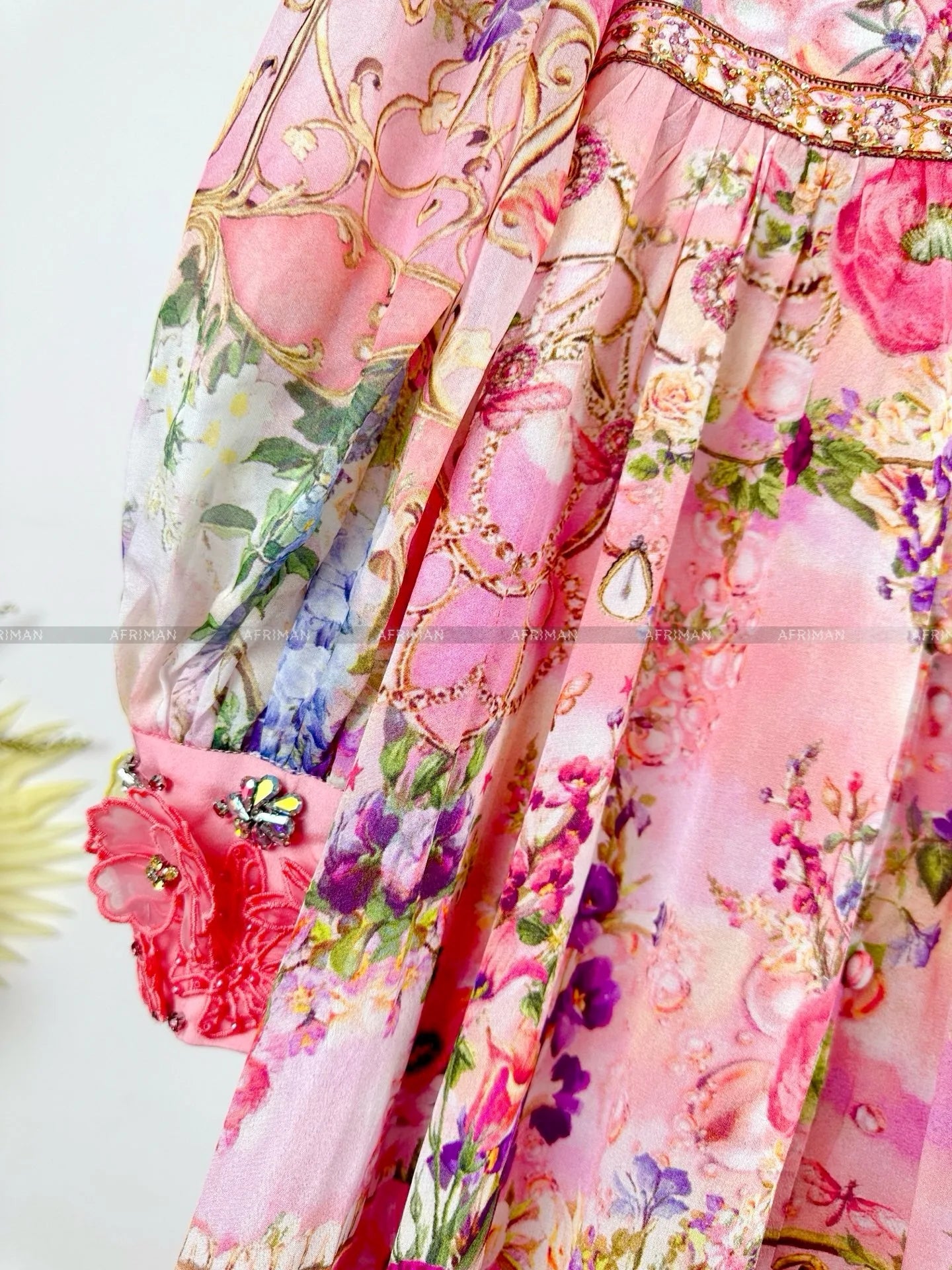 Women V Neck Crystal Beaded Pink Flower Print 3D Flower Embroidery Long Sleeve Silk Long Dress