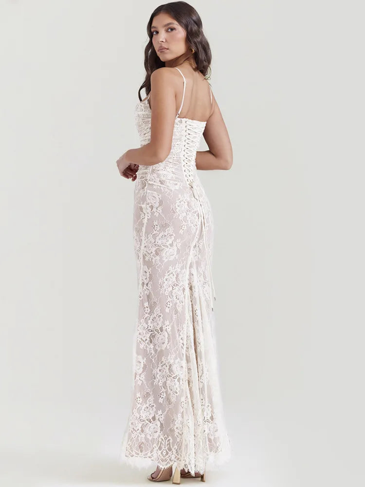 Mozision Elegant Lace Print Maxi Dress Set Women Fashion Spaghetti Strap Long Sleeve Bodycon Club Party Sexy Long Dress