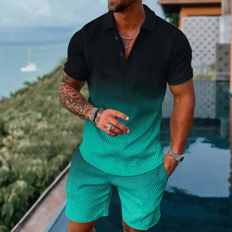 Solid Color Gradient Print Men's Sweatsuit Set Summer Casual Zipper Polo Shirt And Shorts 2pcs Sets Trend Man Pullover Clothing