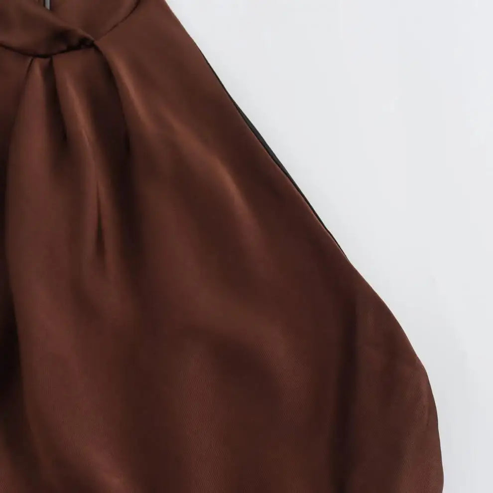 Halter Satin Long Dress Women Tied Backless Brown Midi Dress Summer Off Shoulder Party Dresses Pleated Evening Dress