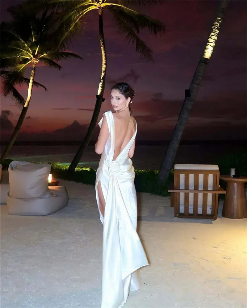 2025 Satin Backless Sexy Long Dress for Women Elegant Rose Thigh High Waist Beach Holiday Gorgeous Club