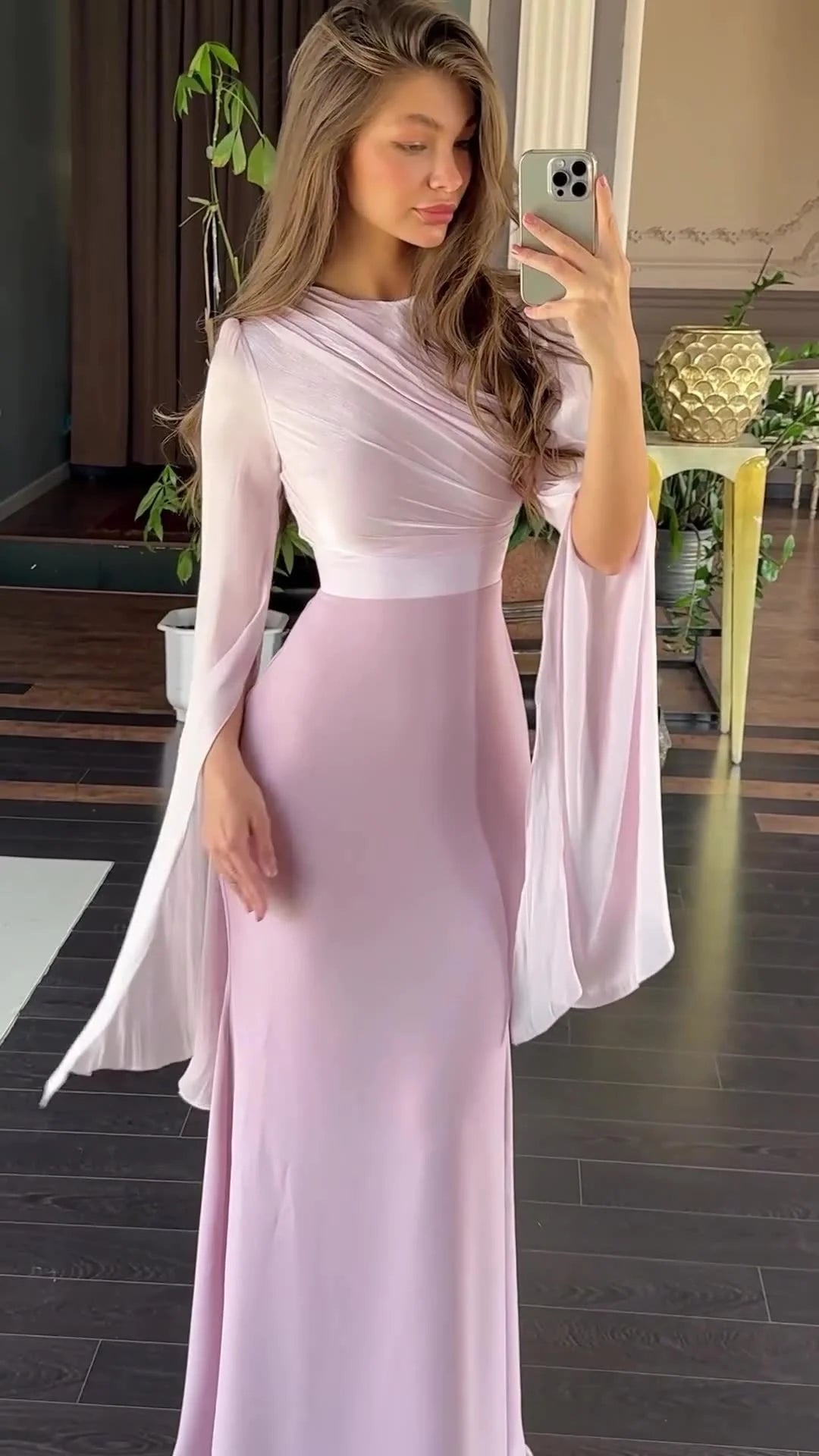 Fashion Satin Solid Robe Dress Women Elegant Batwing Sleeves High Waist Pleats Long Dress Stylish Glass Tulle Slim Evening Dress