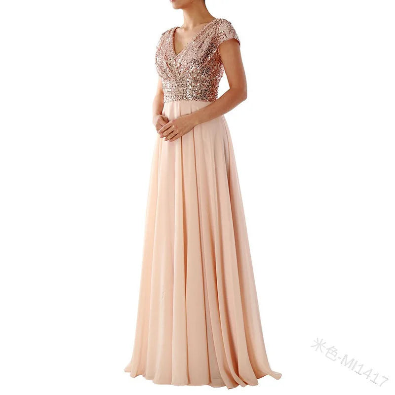 Elegant Sequins Chiffon Dress for Women V Neck Pleated Hem Female Sequins Chiffon Prom Cocktail Long Dress Wedding Evening Dress