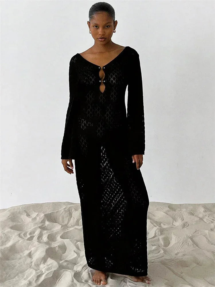 TARUXY Crochet Beach Maxi Dress Women's Sexy Knitted Hollow Bikini Swimsuit Cover-Up Sun Protection Dress See Through Slim Lady