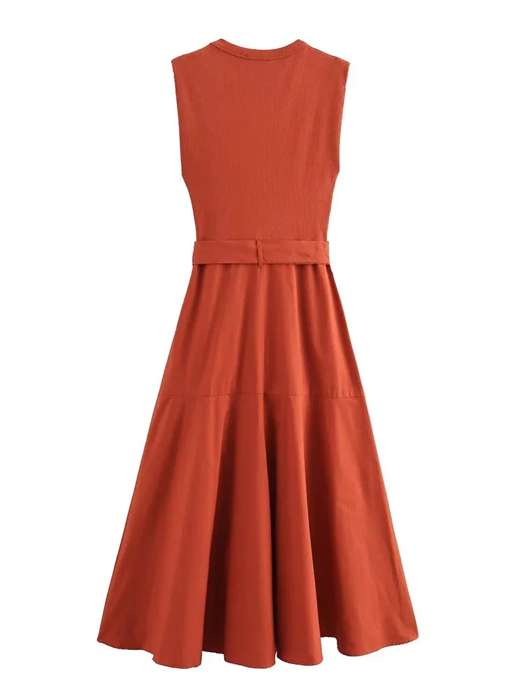 BWQ New Women Solid Patchwork Dress With Belt Elegant Office Ladies Sleeveless O-neck Dress Vintage Causal A-line Long Dress