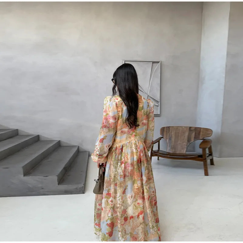 Fashion Print V-neck Women's Maxi Dresses Elegant Pleated Long Sleeve Loose Long Dress Female Summer Chic Casual Holiday Party