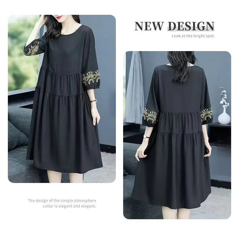 Oversized Women Vintage Long Dress Fashion Casual Spring Summer New 3/4 Sleeve Indie Folk Embroidery Big Size Pullover Midi Robe