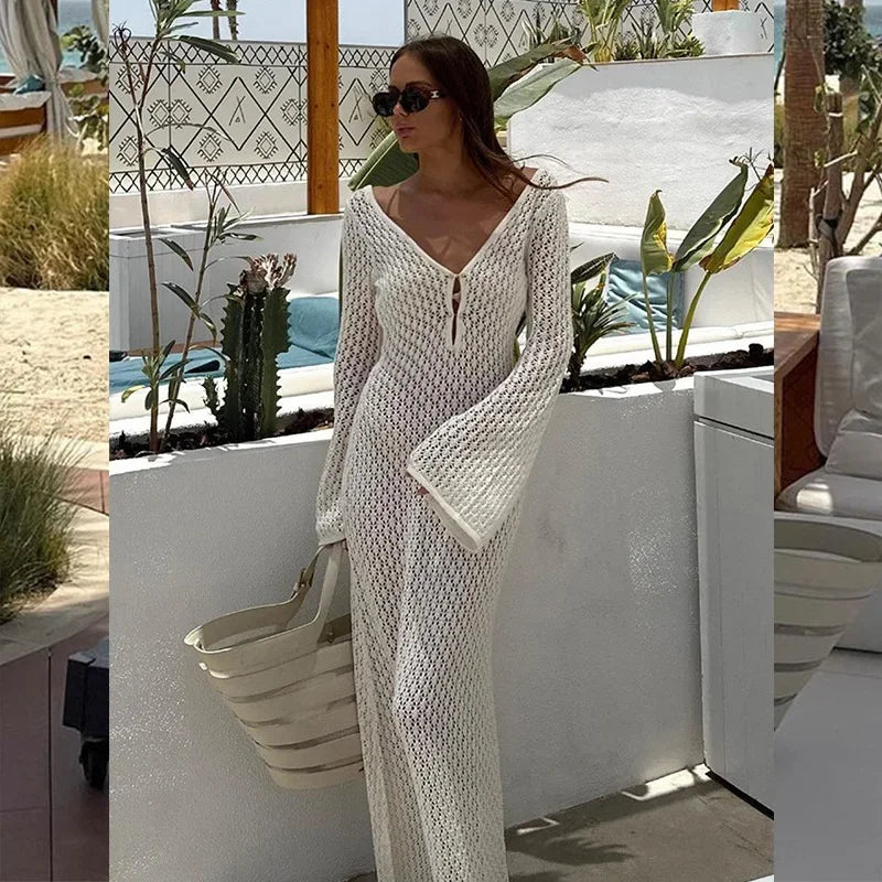 TARUXY Crochet Beach Maxi Dress Women's Sexy Knitted Hollow Bikini Swimsuit Cover-Up Sun Protection Dress See Through Slim Lady