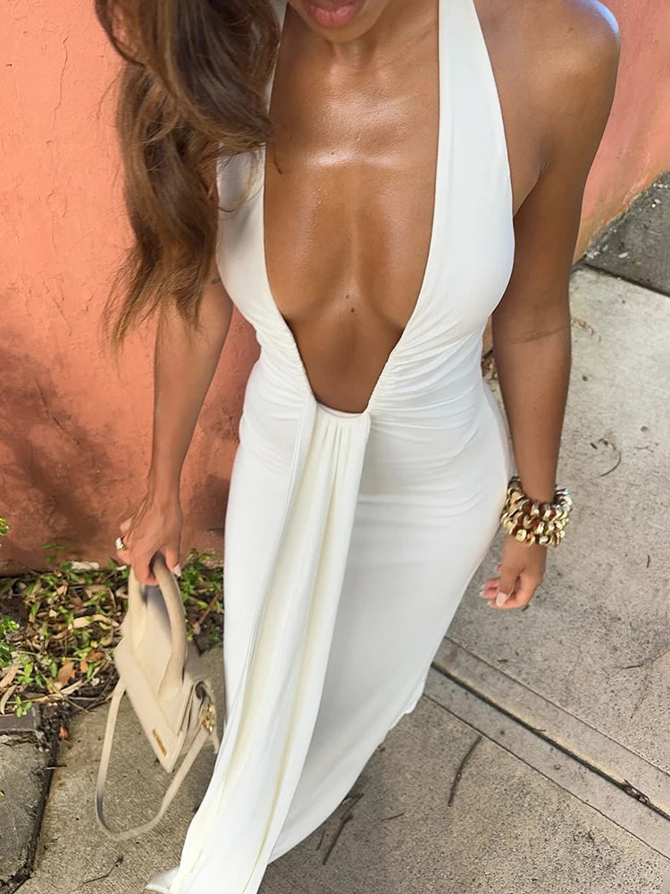 Deep V Neck Halter Long Dress Women Sexy Ruched Ribbon Splice Summer Dress 2025 New Vacation Slim Sleeveless Backless Vestidos