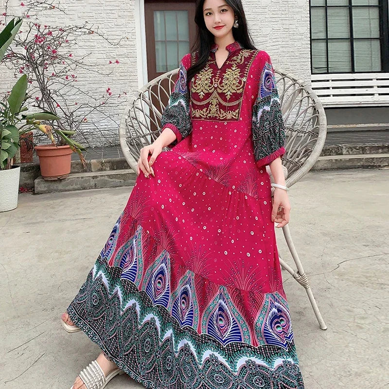 Summer Autumn Robe Maxi Long Dress Women Indian Clothes Boho Cotton Print Floral Boho Korean Style Fashion Casual Vestido Largos