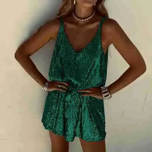 Summer New Women's Fashionable Sexy Tank Dress Solid Color Loose-Fit Long Dress With Sequins V-Neck Fashion Accessories