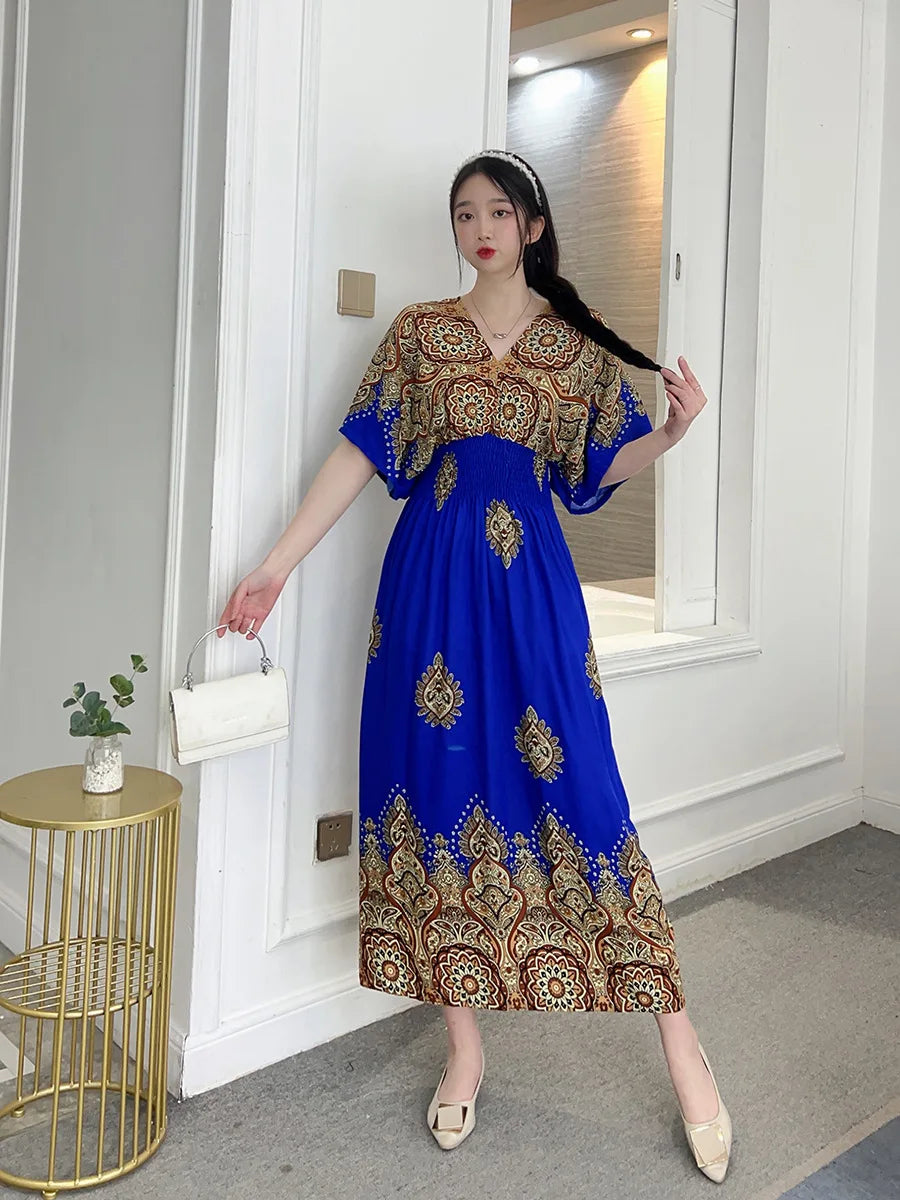 V-neck Large Skirt Hem Casual Sweet Holiday Long Dress Bat Sleeves Elastic Waist Bohemian Print Floral Elegant Dresse For Women