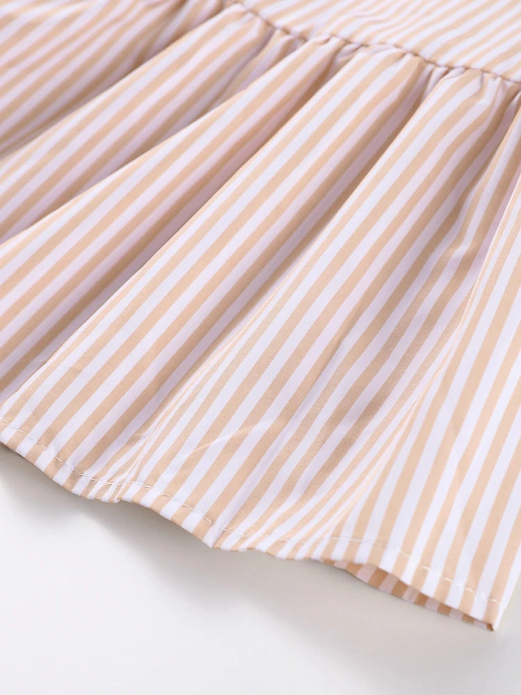 Flying Sleeve Ruffle Striped Slip Long Dress Women Elegant Square Collar Waist Cinching Pleat Party Dresses Chic Ladies Vestido