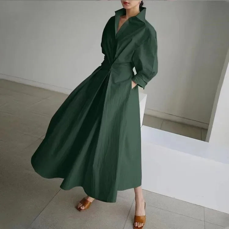 Spring Dress Long Sleeve Solid Color Cotton Linen Elegant Maxi Dresses For Women 2024 Casual V Neck Shirt Party Long Dress Robe