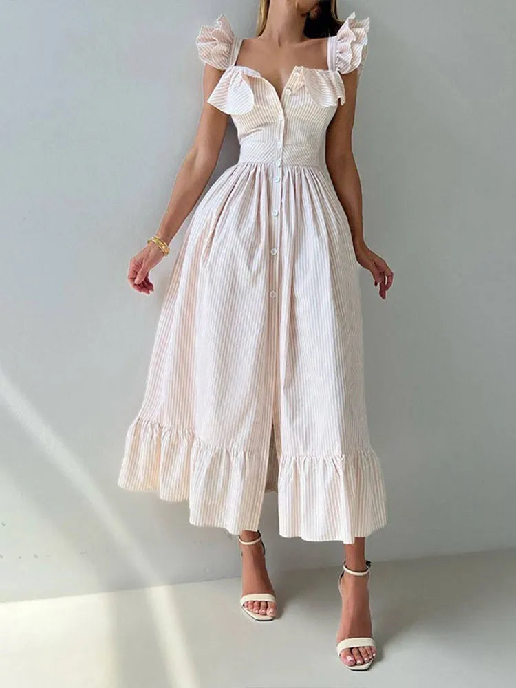 Flying Sleeve Ruffle Striped Slip Long Dress Women Elegant Square Collar Waist Cinching Pleat Party Dresses Chic Ladies Vestido