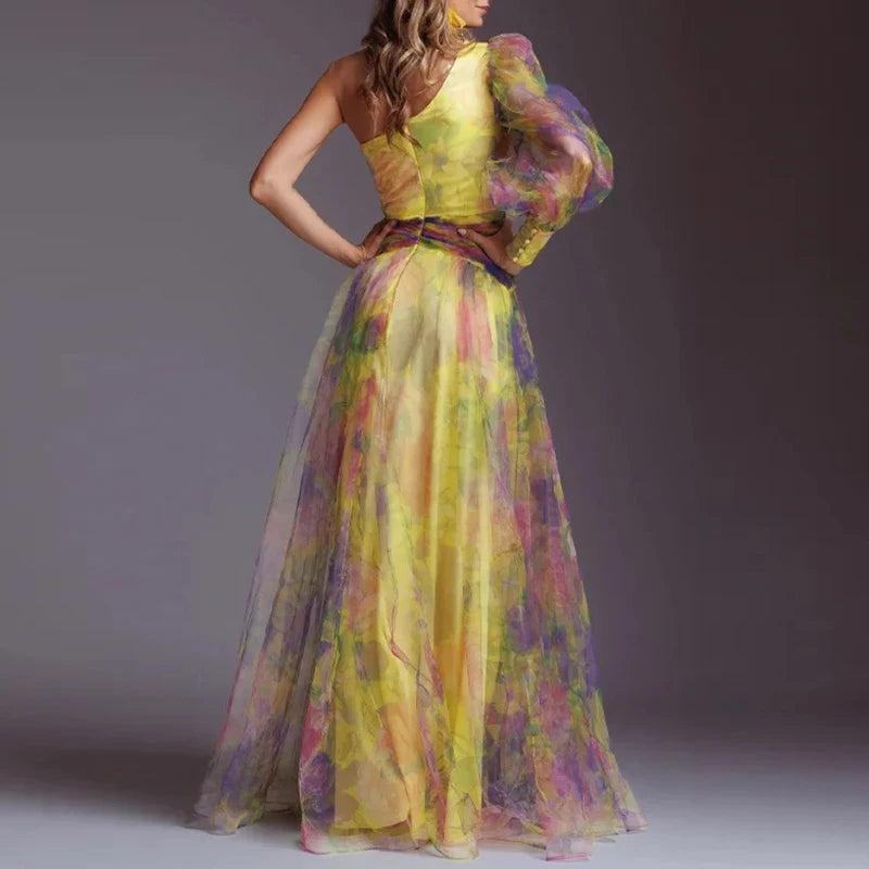 Women Elegant Split Hollow Party Dress Fashion Contrast Print Mesh Maxi Dress Sexy One Shoulder Long Sleeve Irregular Long Dress