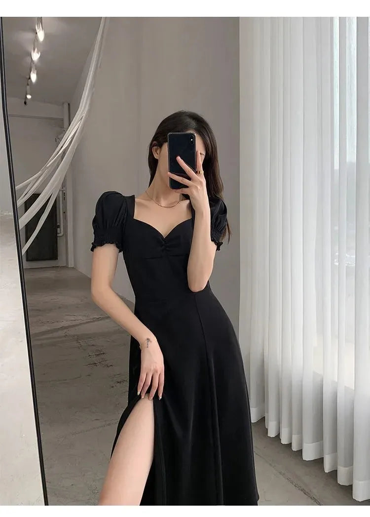 Sweet Vintage French Style Women's Long Dress Summer Hot Sale Of The Season New Bubble Sleeve Square Collar A- Line Split Skirt