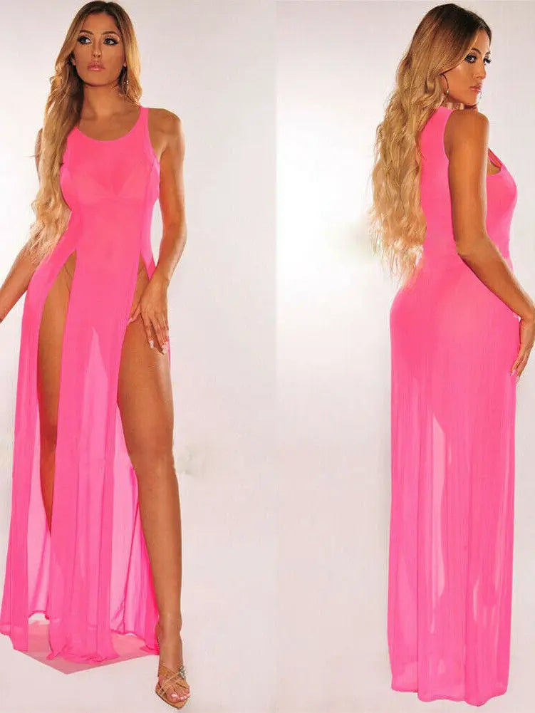 Lace O Mesh Neck Maxi Dress Mesh Lace Thin Transparent Sexy Women Slit Long Dress Elegant Women Fashion Sexy Women 7L7G