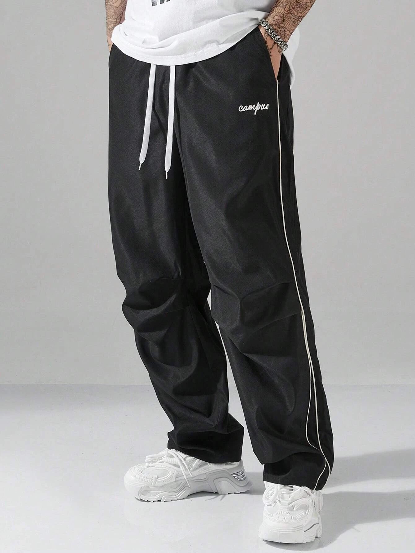 Larbulse Men Contrast Trim Trouser Fashion Casual Pants Solid Color Breathable Loose Straight Drawstring Pants Streetwear