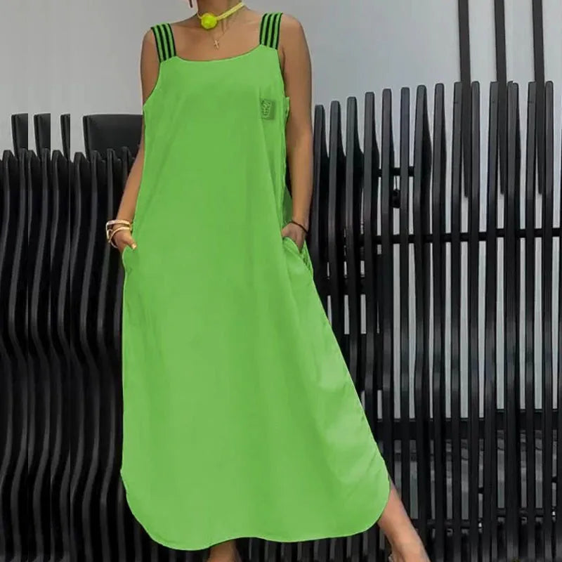 2024 Women Striped Suspender Long Dress Elegant New Off Shoulder Loose Pockets One Piece Dresses Fashion Solid Color Party Dress