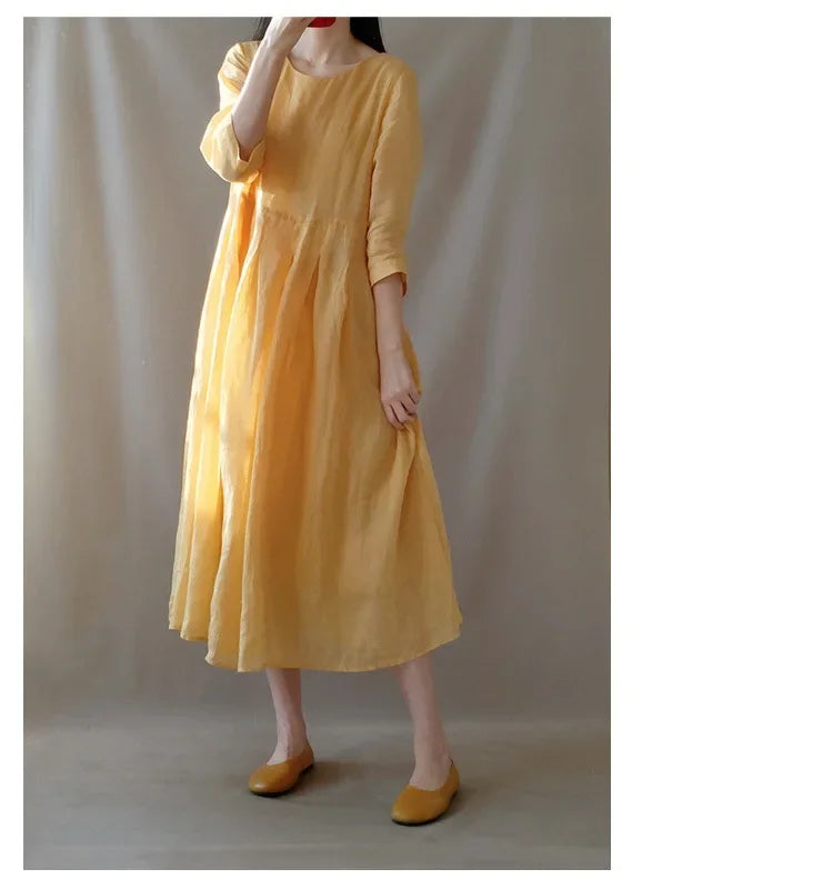 In-stock Korean Lightweight Elegant Dress Artistic Vintage Loose-fit Travel Vacation Long Dress Cotton Linen Women's Clothing