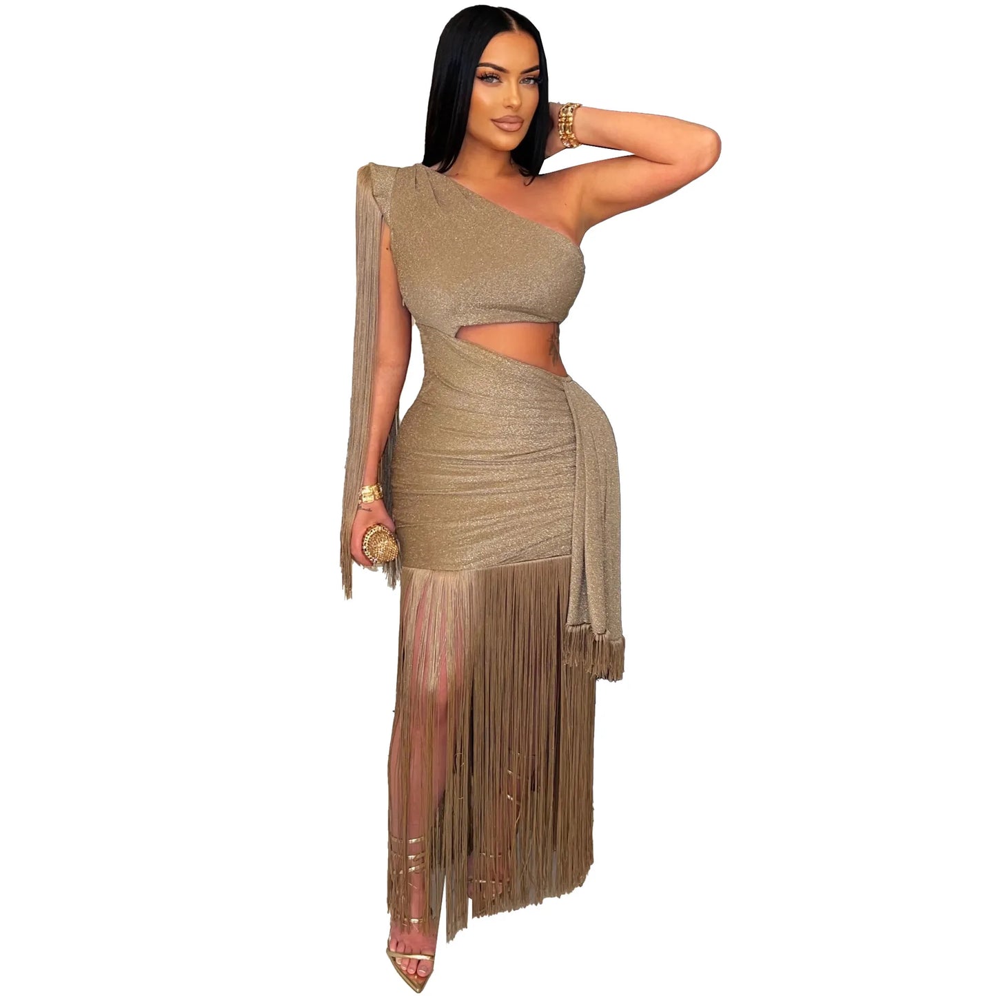 CM.YAYA Women One Shoulder Tassel Sleeveless Long Dress Diagonal Collar Summer Street Evening Sexy Night Party Dresses Vestidos