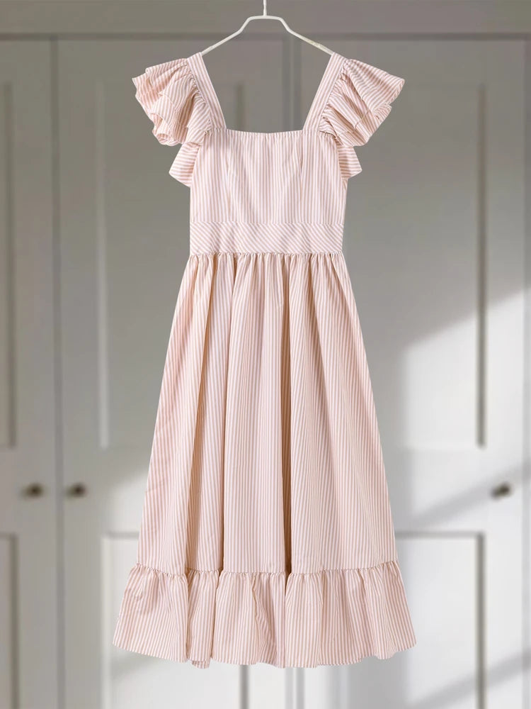 Flying Sleeve Ruffle Striped Slip Long Dress Women Elegant Square Collar Waist Cinching Pleat Party Dresses Chic Ladies Vestido