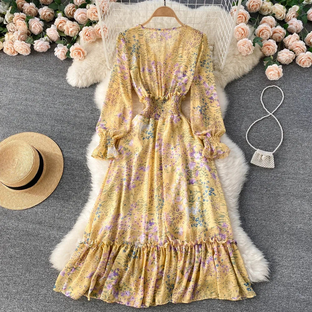 YuooMuoo 2025 Spring Summer Long Sleeve Chiffon Dresses Fashion Female Elastic Waist Pleated Long Dress Women Print Floral Dress