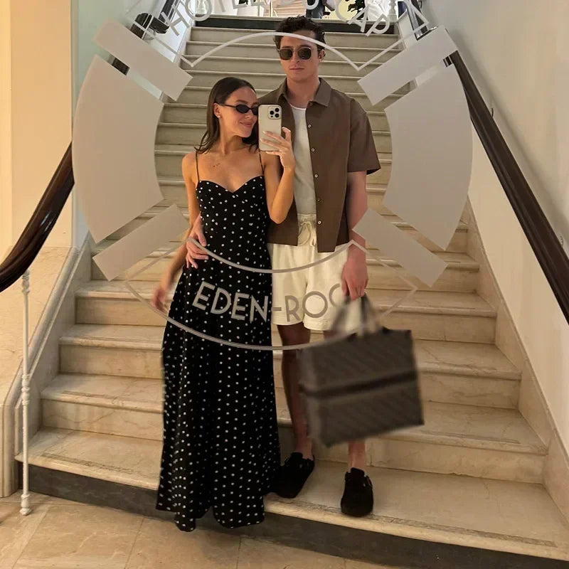 Dot Print Strapless Long Dress Women Retro V-neck Sleeveless Backless High Waist Dresses Female 2025 Spring New Lady Party Robes