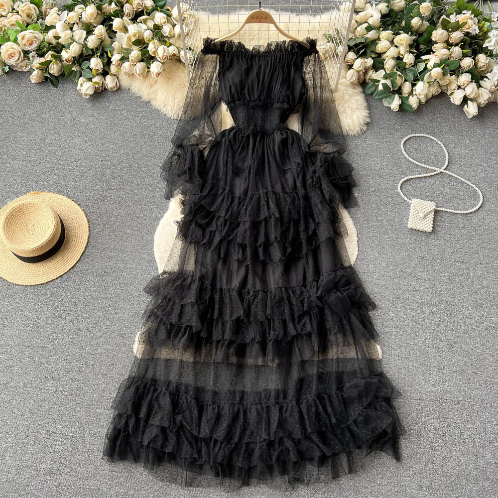 SINGREINY Mesh Party Long Dress Women Ruffle Long Sleeve Slash Neck Elastic Waist French Ladies Summer Elegant A Line Dresses