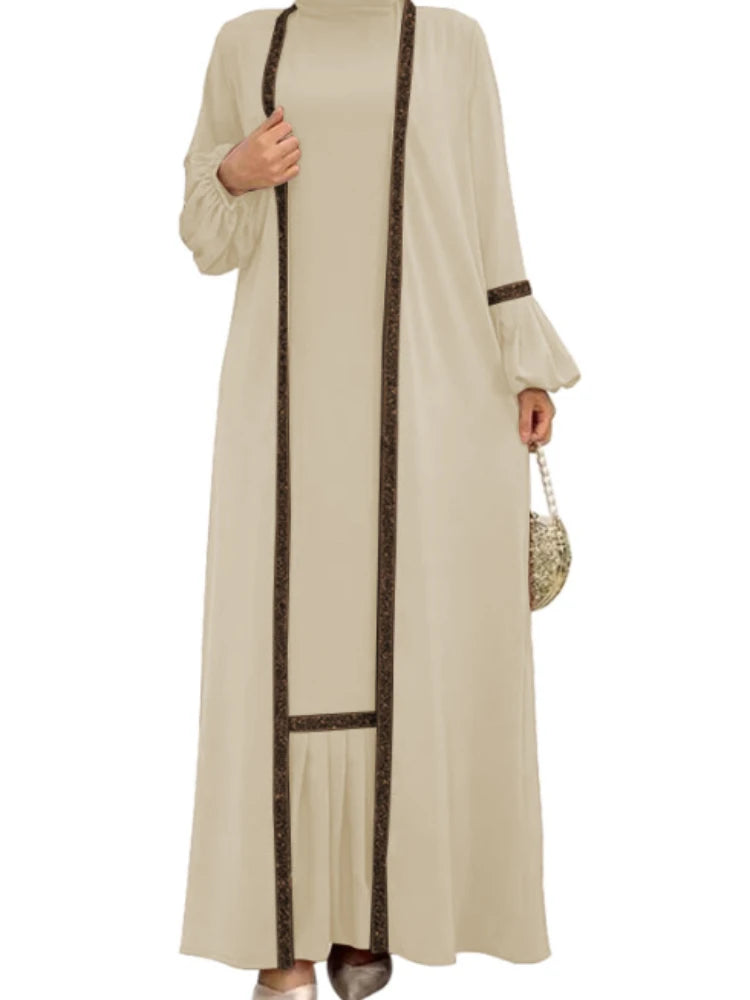 Muslim Women Hijab Dress 2 Piece Set Eid Lantern Sleeve Maxi Long Dress Islamic Clothing Caftan Kimono Big Swing Abaya Dresses