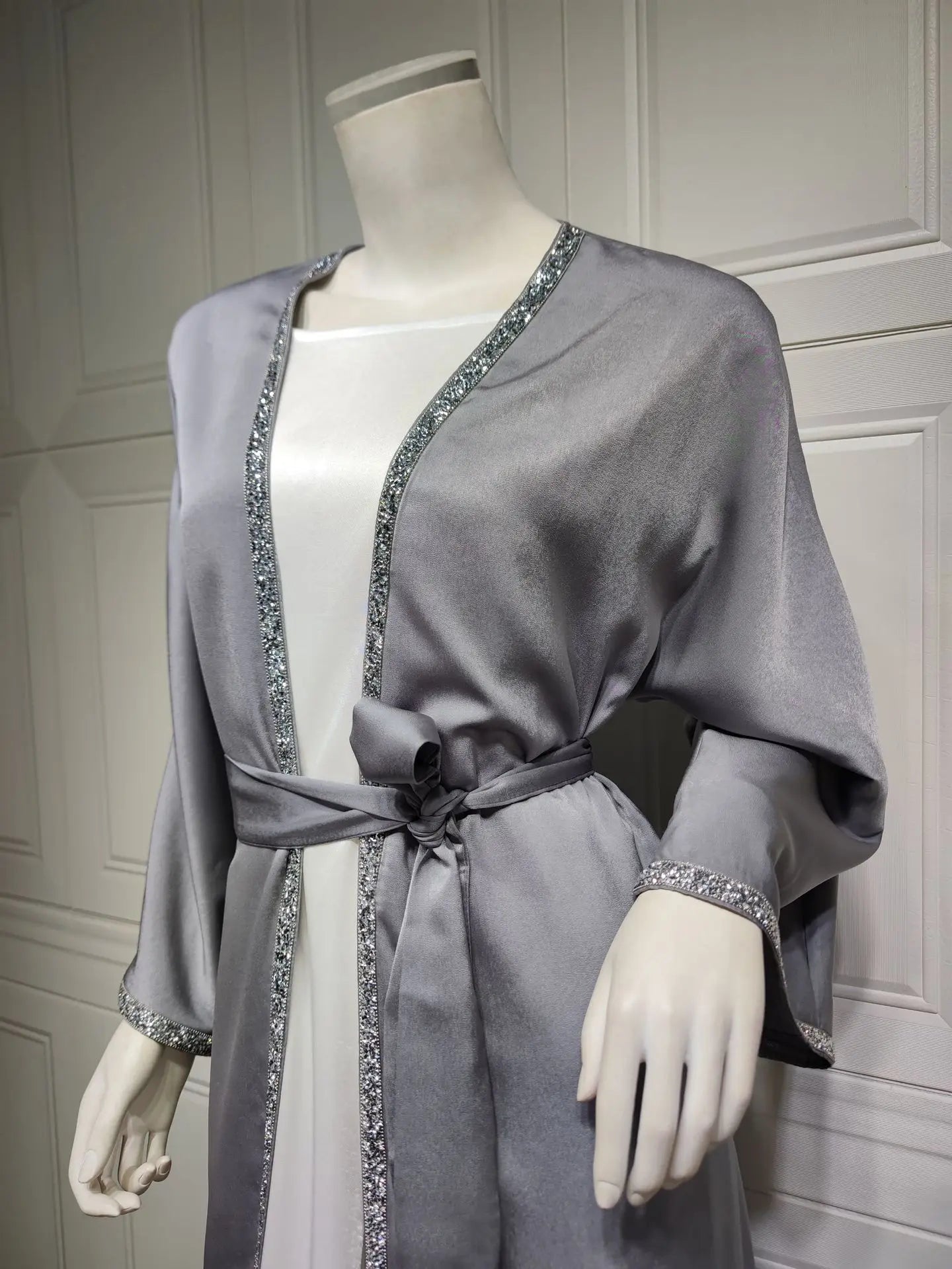 2024 Muslim Dress Diamond Women's Long Dress Fashion Long Sleeve Lace-up Long Abayas Casual Solid Color Clothes for Muslim Women