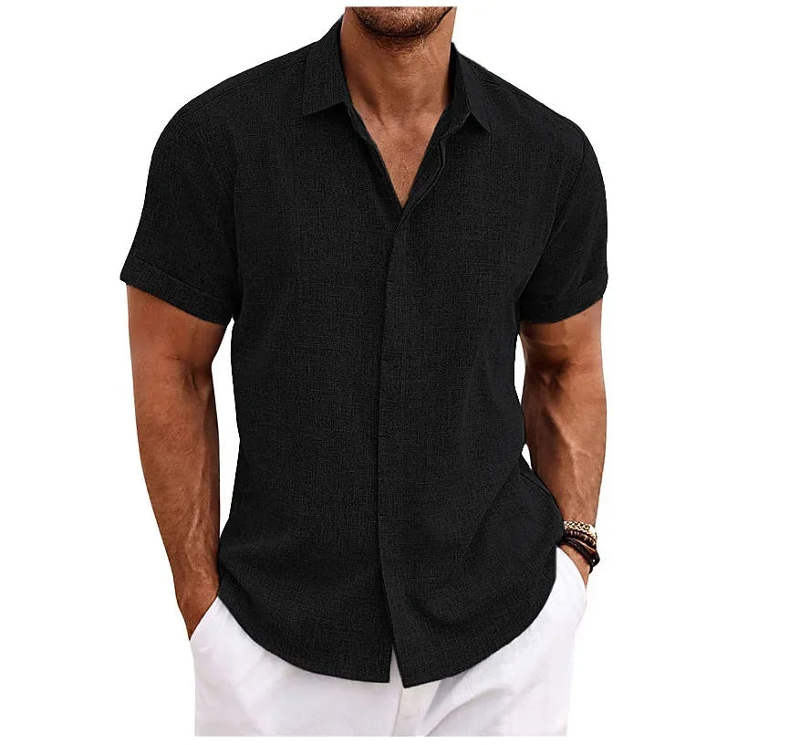 High Quality Cotton Linen Double Placket Men's Cardigan Short Sleeves Summer Home Use Lapel Shirt Cross-Border Style