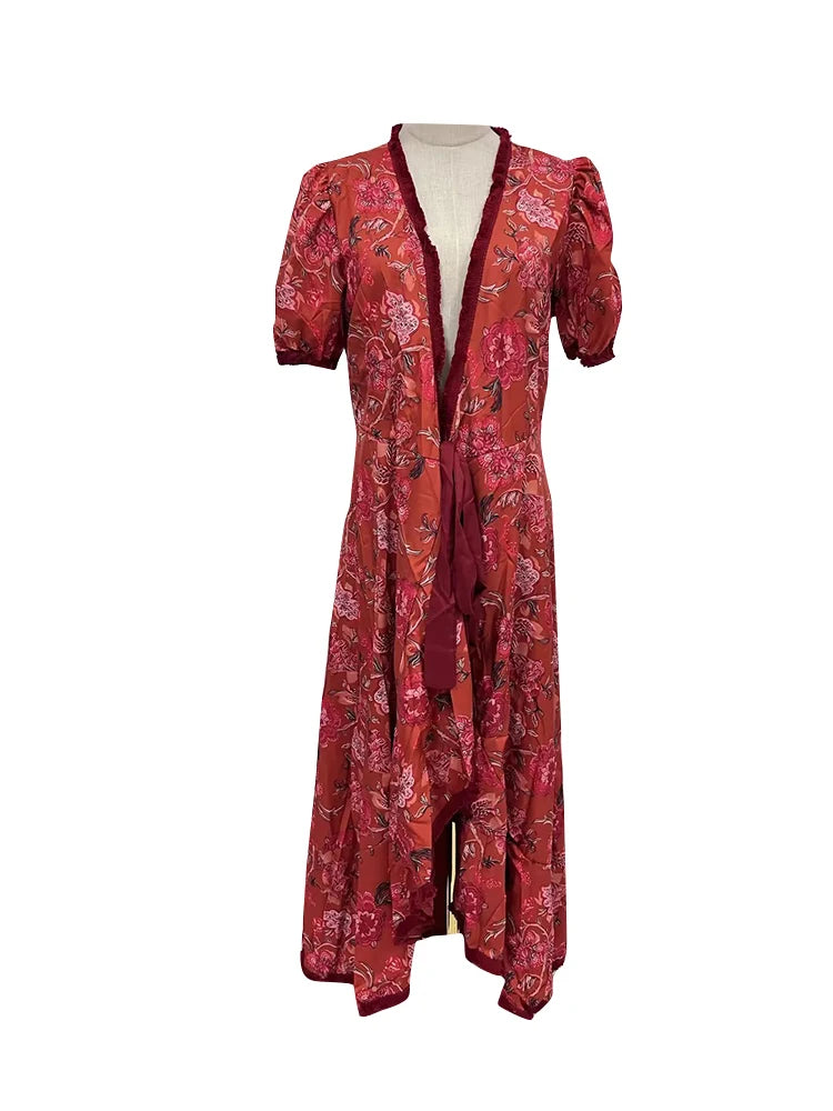 TWOTWINSTYLE Hit Color Elegant Patchwork Lace Up Long Dress For Women V Neck Lantern Sleeve High Waist Temperament Dresses New