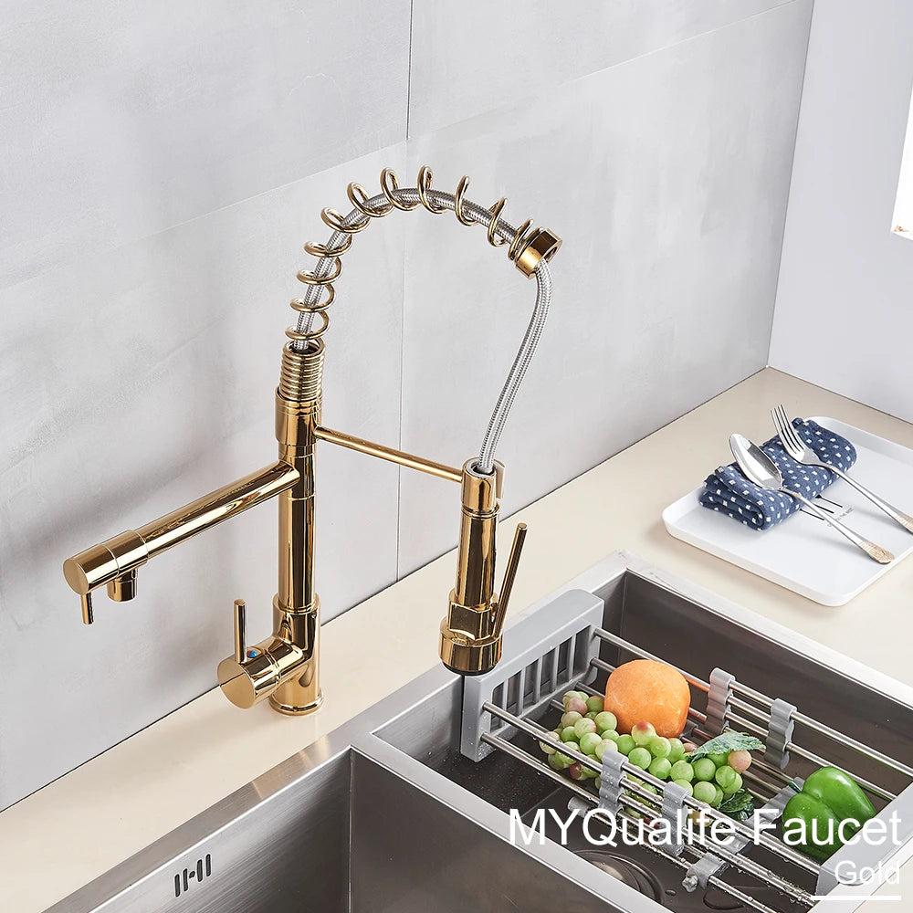 Black Pull Down Kitchen Sink Faucet Hot Cold Water Mixer Crane Tap with Dual Spout 360 Rotation High Faucet Deck Mounted