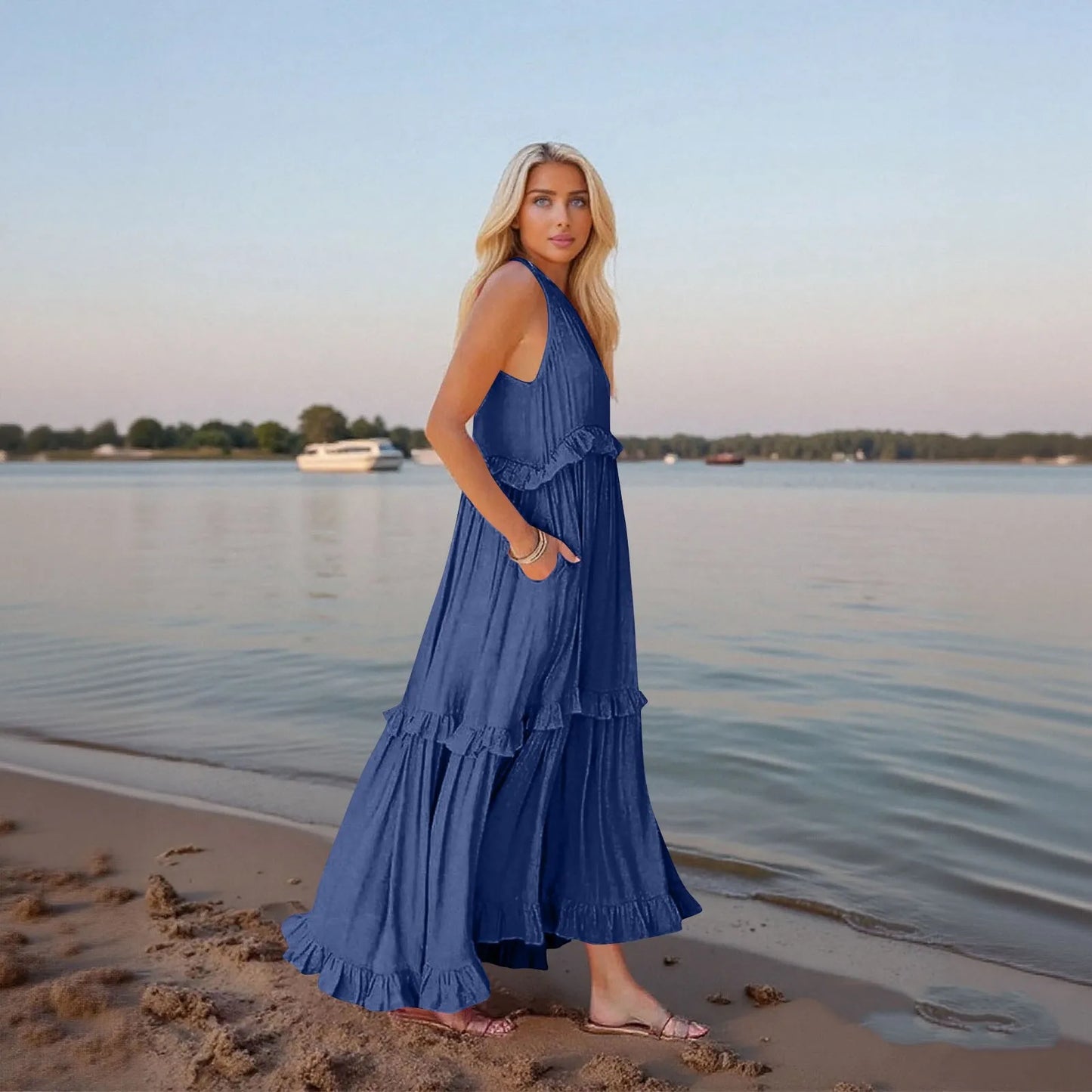 Women's Ruffled hem layered long dresses Summer Sleeveless backless dress Fashion Long Dress Big Swing Beach Dress vestidos