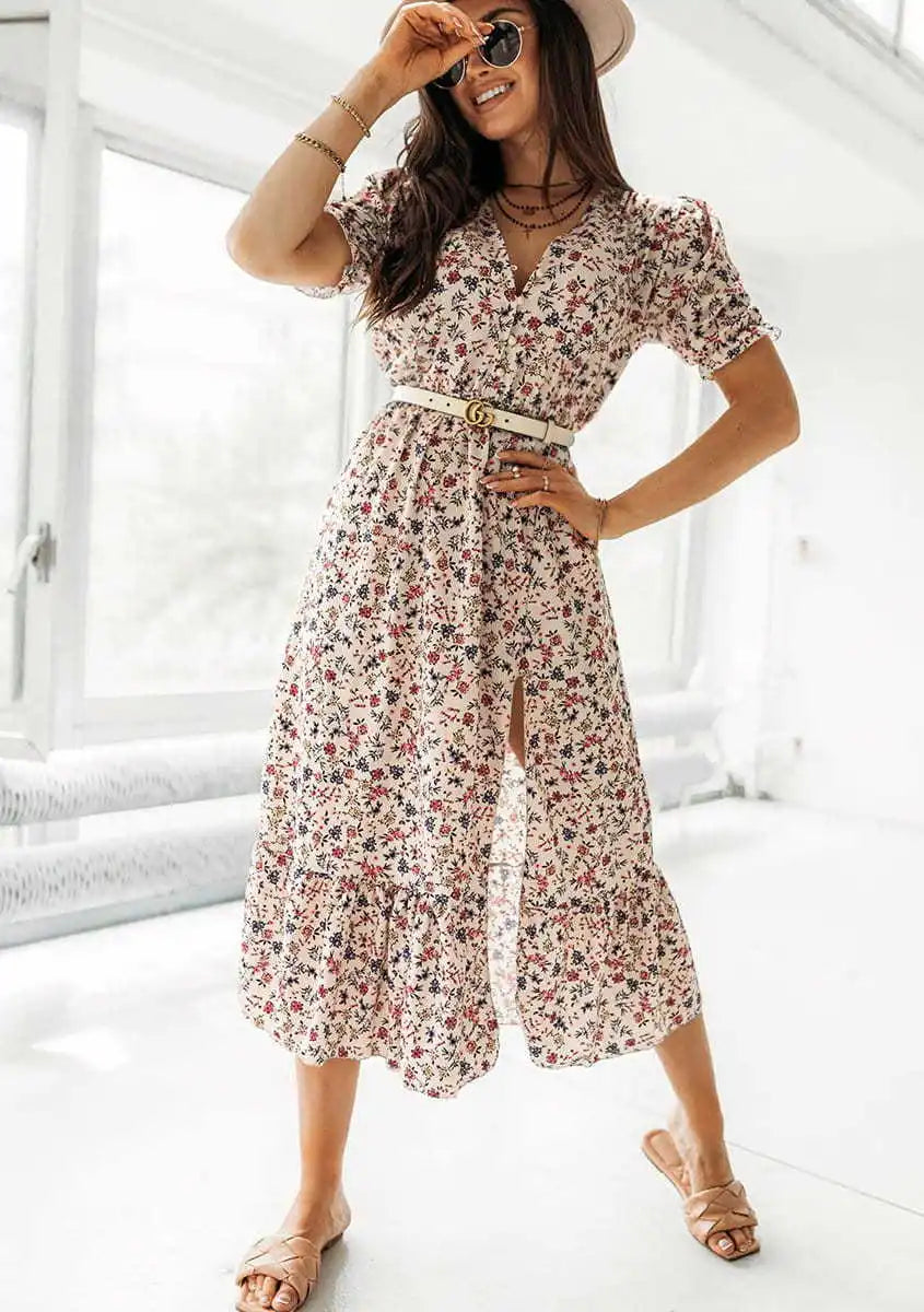 Summer Floral Print Dress Women V Neck Side Slit Long Dress Elegant Short Sleeve Button Slim Spring Female Party Dress Vestidos
