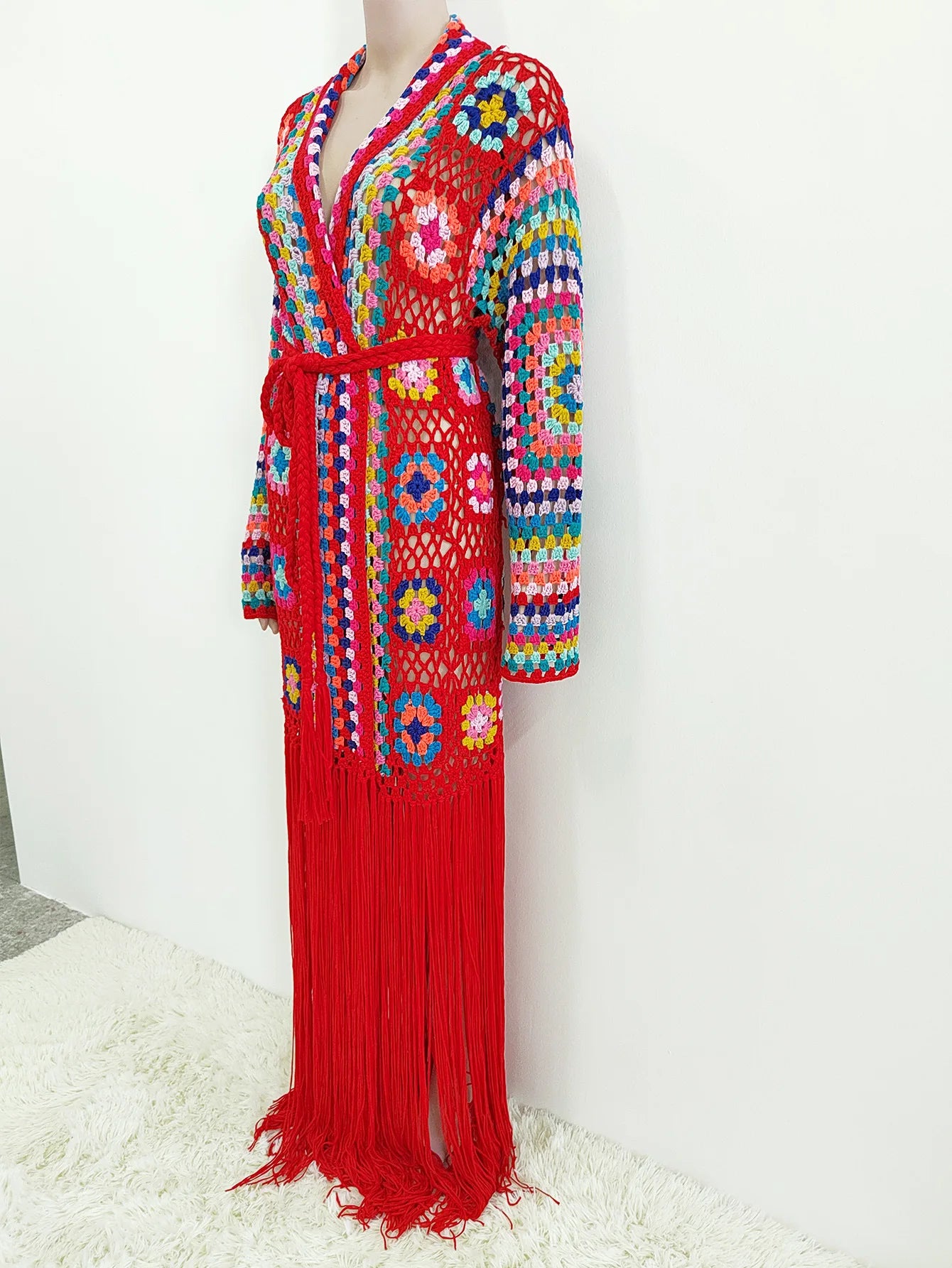 Crochet Knitted Women Cardigan Cover Ups Tassel Plaid Long Coat Bohemian 2023 Summer Beach Bikini Covers Sexy Hook Vestidos