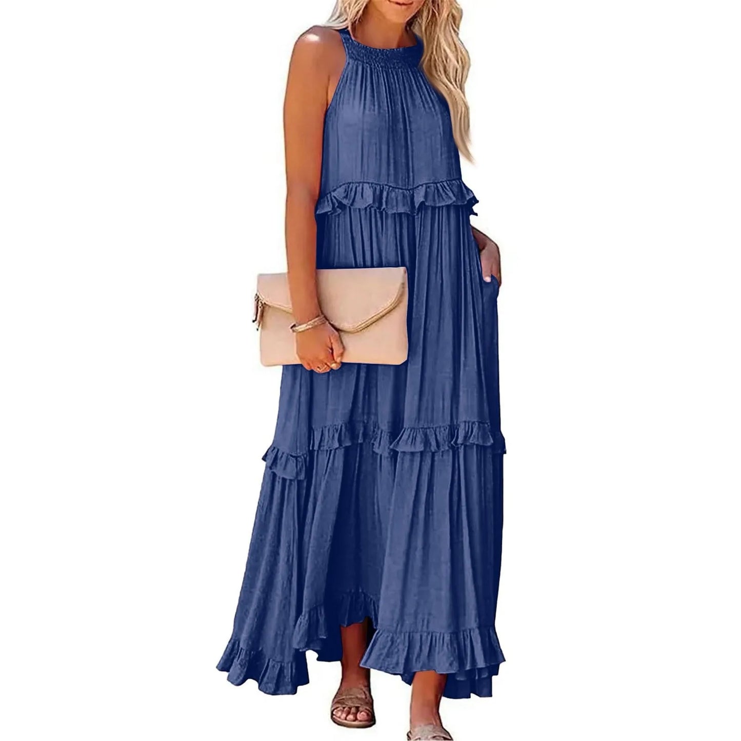 Women's Ruffled hem layered long dresses Summer Sleeveless backless dress Fashion Long Dress Big Swing Beach Dress vestidos