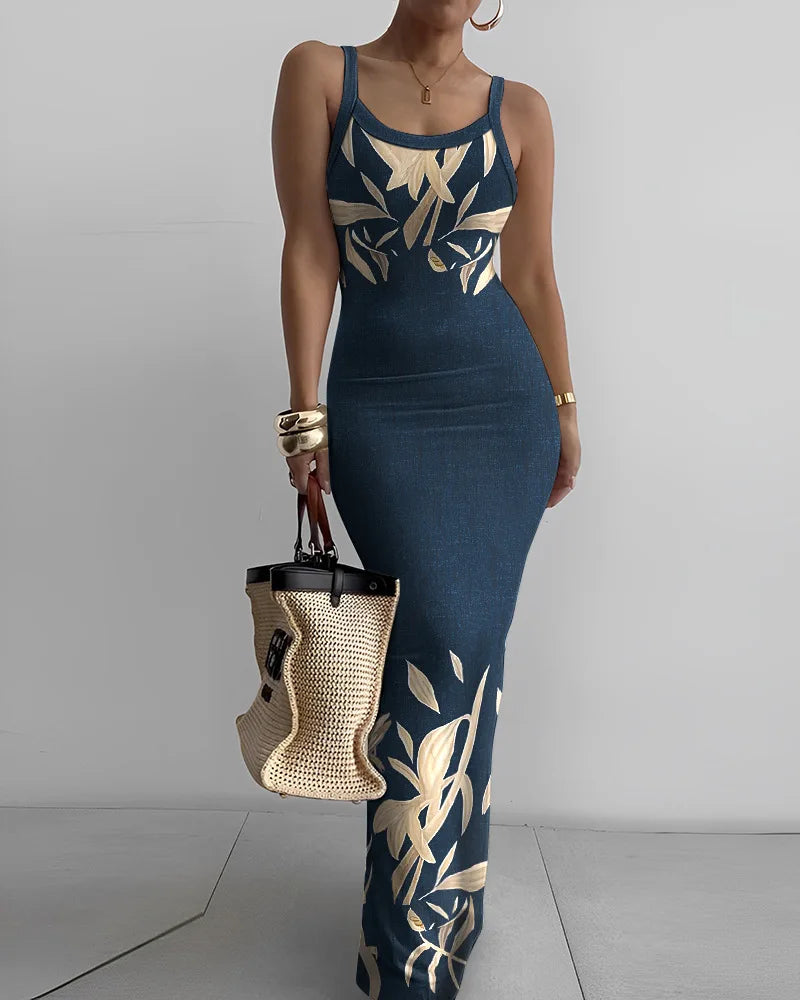 Dresses For Women 2024 Sexy Spaghetti Strap Color Printed Long Dress Evening Y2k Sleeveless Solid Skinny Bodycon Maxi Vestidos