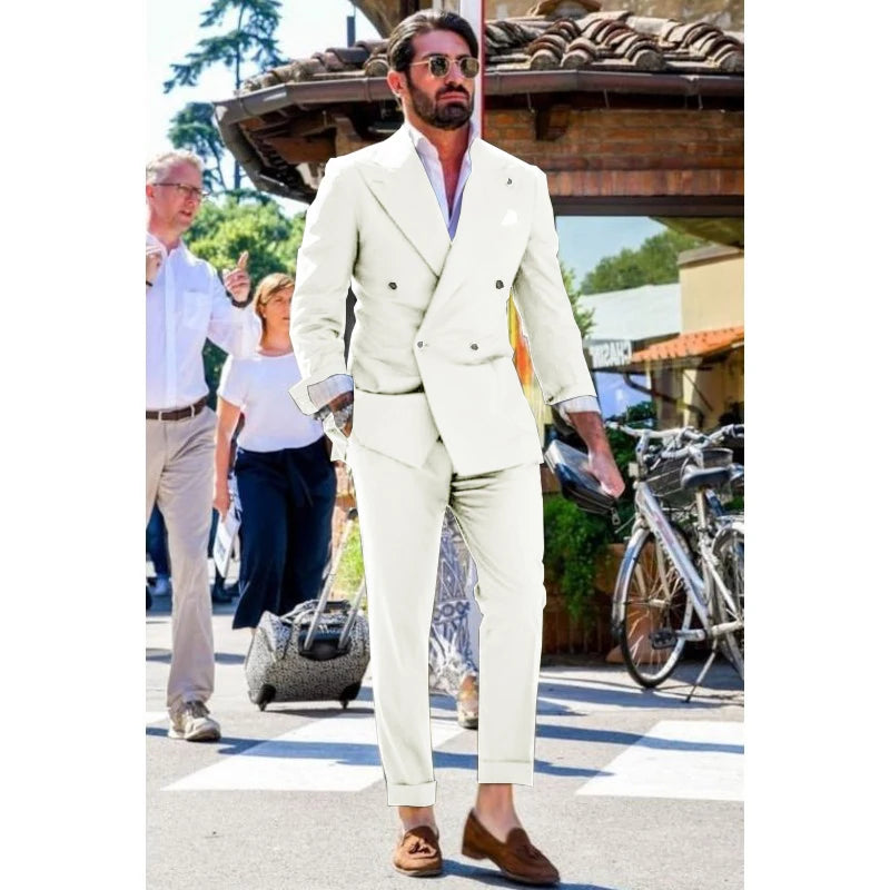 Men's Suit Two-piece Solid Color Double Breasted Fashion Spike Lapel Slim Fit Cropped Pants Casual Business Party Suits 2023